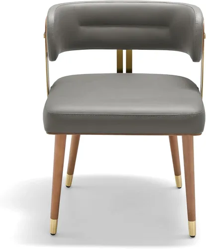 Miniatura 4 de ARTPLAN Silla de comedor moderna de mediados de siglo, sillas de cocina tapizadas de cuero con chapa de madera de nogal y patas de metal dorado, Gris