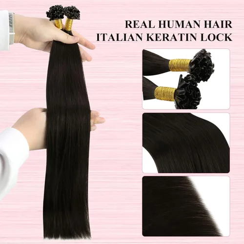 Miniatura 3 de YoungSee Extensiones de cabello humano con punta en U de color marrón oscuro, extensiones de cabello humano con queratina, extensiones de cabello