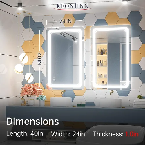 Miniatura 6 de Keonjinn Espejo de baño LED de 40 x 24 pulgadas, espejos con luces, espejo de tocador iluminado, luces regulables antivaho montadas en la pared