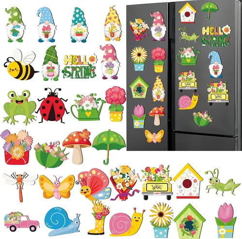 Copkim 30 piezas de imanes de Hello Spring para decoración de automóvil, coloridos impermeables, gnomos, flores, camiones, calcomanías magnéticas