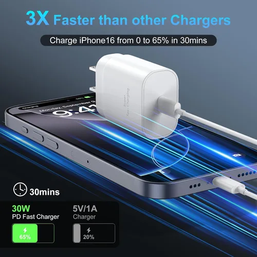Miniatura 2 de Cargador para teléfono 17, 16, 15 Pro Max, carga rápida PD de 30 W, cable de carga para iPhone 17 de 6 pies (65 W/3 A), cable largo USB C con iPhone