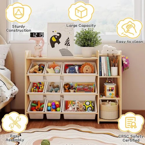 Miniatura 7 de GITAWUSA Organizador de almacenamiento de juguetes para niños, estante de madera con 3 niveles y 9 contenedores de almacenamiento, organizador