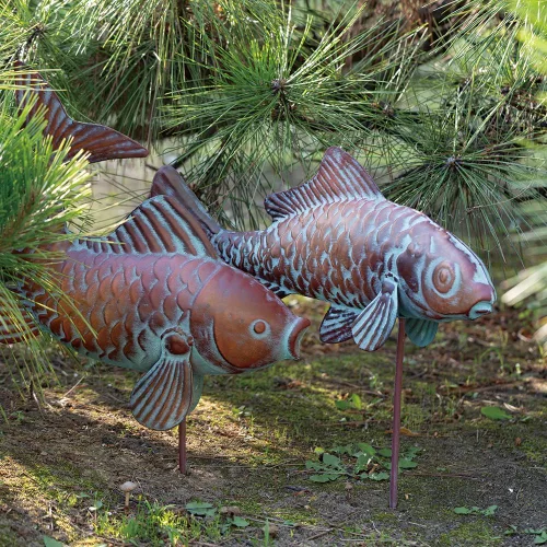 Esculturas de peces Koi de metal, esculturas y estatuas de jardín al aire libre, decoración de estanque Koi de cobre antiguo, juego de 2 figuras de