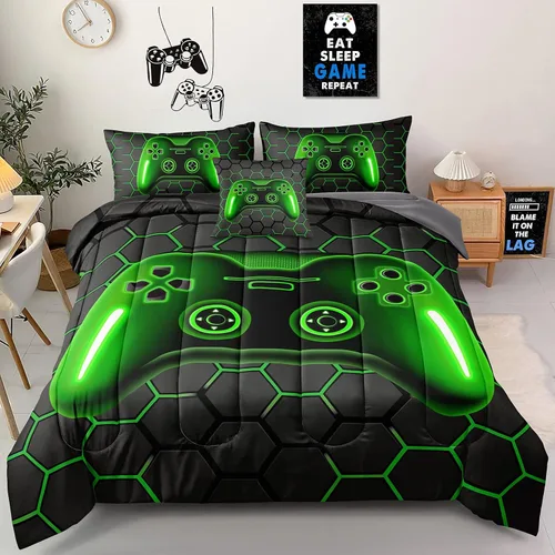Miniatura 18 de Juego de ropa de cama de 5 piezas con estampado de videojuegos tamaño individual para niños, niñas, adolescentes, ropa de cama de 5 piezas en una