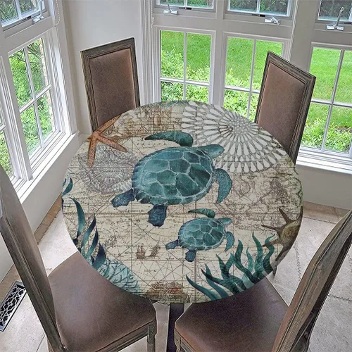 Miniatura 10 de Mantel ajustable con temática náutica con diseño de cangrejo, mapa de vida costero azul del océano, borde elástico, cubierta impermeable y lavable