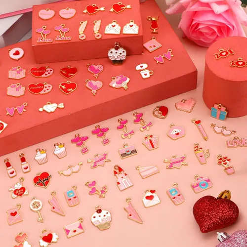 Miniatura 5 de SANNIX 110 dijes para el día de San Valentín, esmalte dorado para hacer joyas, colgantes rosados para hacer pulseras de San Valentín, collares