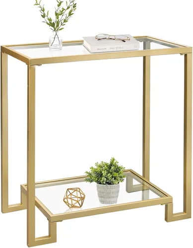 Mesa auxiliar rectangular de 2 niveles, mesa auxiliar dorada con parte superior de cristal, mesa de centro moderna de metal transparente, mesa Dorado