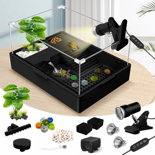 Kit de tanque pequeño para tortugas GOZILLA+bomba de agua+lámpara, kit inicial de tanque acrílico para tortugas con bomba de agua ajustable de 5W y