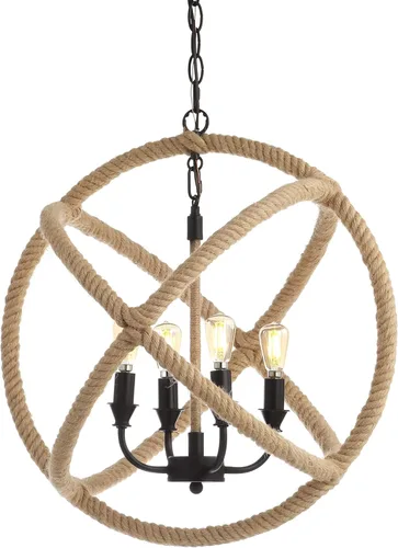 JONATHAN Y JYL9041A - Lámpara colgante con 4 luces de hierro y cuerda de 20 pulgadas, color negro/marrón, altura ajustable, para cocina, isla de