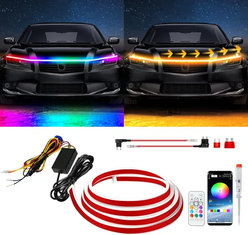 Miniatura 10 de Tira de luz LED para capó exterior del coche, kit de haz de arranque de escaneo dinámico de doble color, luces de circulación diurna LED blancas