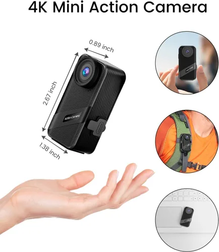 Miniatura 2 de Mini cámara de acción 4K60FPS, cámara de pulgar HD con tarjeta SD de 64 G, POV portátil, grabadora de video portátil, videocámara subacuática IPX8