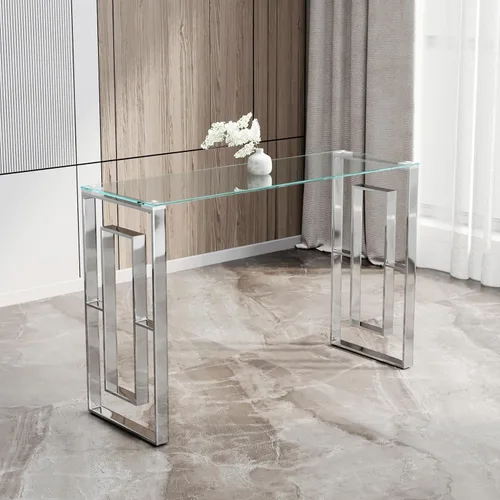 Miniatura 15 de SSLine Mesa consola moderna de lujo, mesa rectangular de cristal para entrada de pasillo, sala de estar, almacenamiento de 2 niveles, diseño