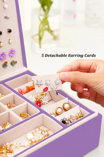 Miniatura 96 de Joyero de pendientes para mujeres y niñas, organizador de aretes de 5 capas, caja organizadora de joyas blanca con candado, collares y aretes