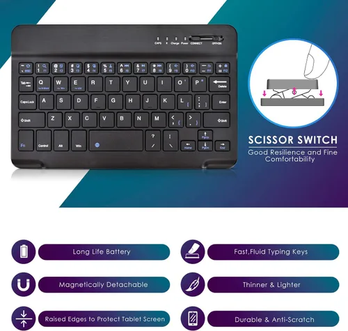 Miniatura 6 de DETUOSI Funda universal para tableta Android de 8.0 pulgadas con teclado, teclado Bluetooth inalámbrico extraíble + funda de piel sintética +