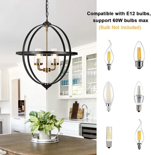 Miniatura 6 de Treekee Candelabro Globo de 20'', Candelabros de Níquel Cepillado, Candelabro Orbe Moderno de 4 Luces, Lujosa Lámpara Colgante con Pantalla
