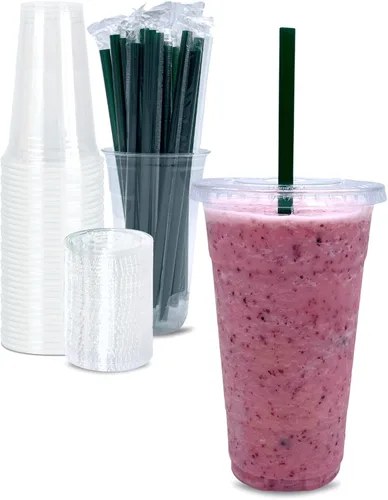 Vasos de plástico transparente de 24 onzas con tapas y pajitas desechables, vasos para bebidas frías, café helado, batidos, batidos, 25 juegos