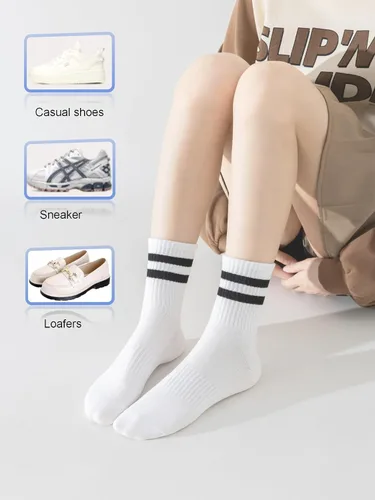 Miniatura 5 de YUWELL Calcetines crew a rayas para mujer, calcetines casuales de algodón cómodos para mujer, 4 pares, talla 5-10