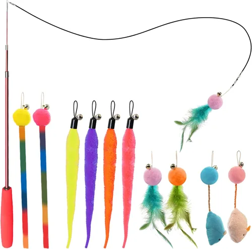 Juguetes para Gatos de Interior, 11 Paquetes Juego de Varita Interactiva para Gatos con Juguetes de Plumas y Recambios de Cinta, Varita Retráctil
