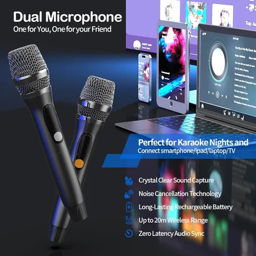 Miniatura 5 de Altavoz Bluetooth portátil con 2 micrófonos inalámbricos, gabinete de madera de abedul de graves profundos de 70 W, sistema PA Bluetooth para Negro