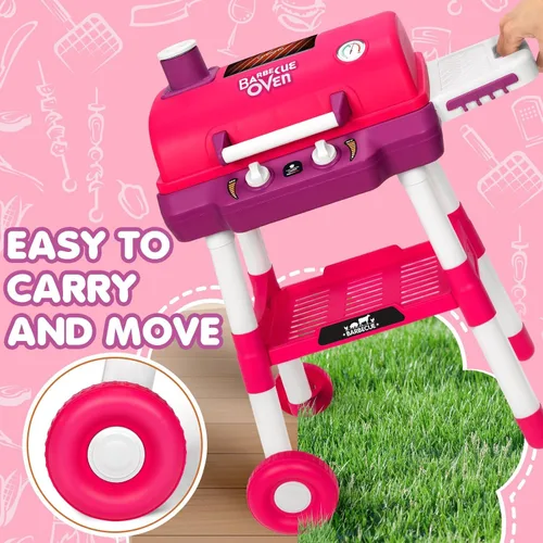 Miniatura 3 de Juguetes de Cocina para Niños, Set de Parrilla BBQ para Jugar con Sonido de Humo y Luz, Juguete de Barbacoa de 2 Capas con Ruedas, Set de Juguetes