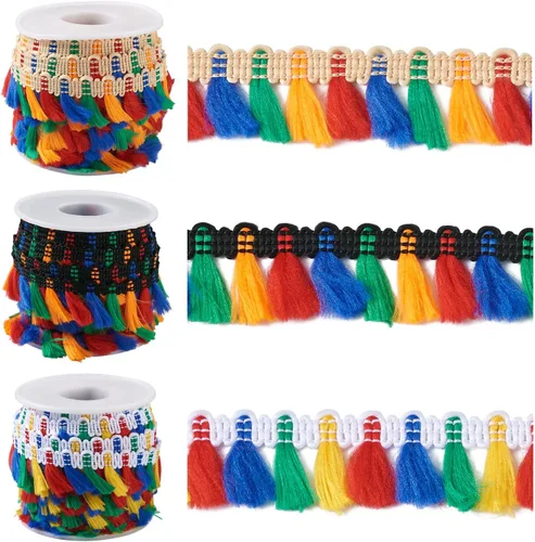 Cheriswelry 10 yardas/rollo de borlas de flecos de poliéster coloridas cintas de borla de encaje para coser cortinas de bricolaje chal, decoración