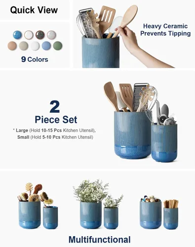 Miniatura 2 de LE TAUCI Soporte para Utensilios, 7.3"+5.4" Soporte de Cerámica para Utensilios de Cocina para Encimera, Recipientes Grandes para Utensilios