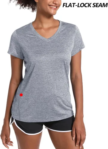 Miniatura 4 de MAGCOMSEN Camiseta de manga corta con cuello en V para mujer, absorbe la humedad, camiseta de entrenamiento atlético, ropa deportiva, tops de yoga