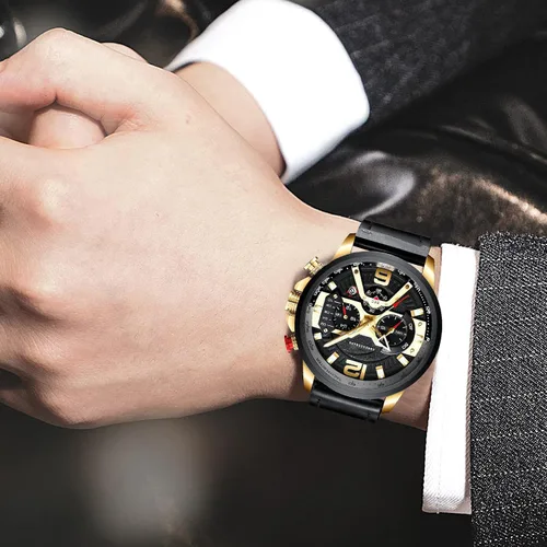 Miniatura 4 de Reloj de pulsera analógico de cuarzo para hombre, cronógrafo, impermeable, correa de cuero, correa de cuero, reloj de pulsera