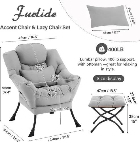 Miniatura 2 de Furlide Silla Lazy con otomana, moderna silla de estar con almohada lumbar, sillón de lectura acogedor y reposapiés plegable para dormitorio, sala