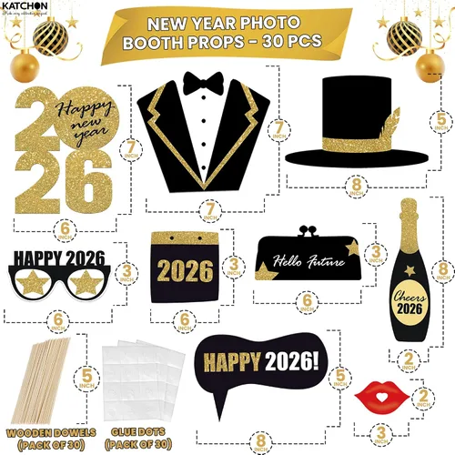 Miniatura 3 de KatchOn, Glitter New Years Photo Booth Props 2026 - Pack of 30 Gold and Black New Years Eve Photo Booth Props for Happy New Year Decorations 2026