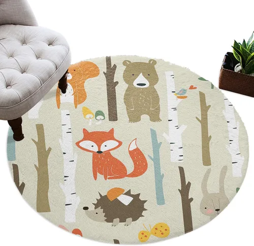 Miniatura 2 de Alfombra de área de 5 pies para interior, redonda, diseño de dibujos animados, conejo, oso, zorro, bosque, alfombra lanuda para niños, habitación