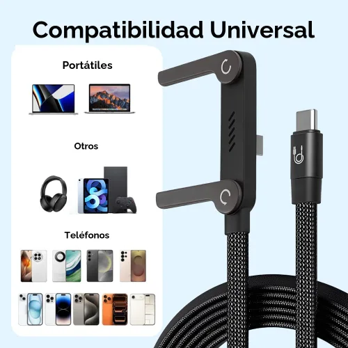 Miniatura 5 de Cable de carga trenzado de 240W con soporte para teléfono incorporado, 2026 Nuevo cable USB-C plegable y duradero de 90 grados, cable de carga 3