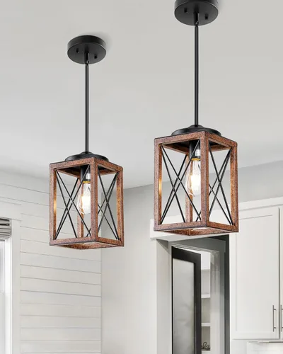 Miniatura 11 de DEWENWILS Lámpara colgante de granja, lámpara colgante de metal con acabado de grano de madera, tubos ajustables de 48 pulgadas para techo plano