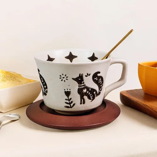 Miniatura 5 de Taza de café de cerámica vintage Taza de té de café de cerámica gruesa con platillo y cuchara de madera, taza de té y platillo de 12 onzas