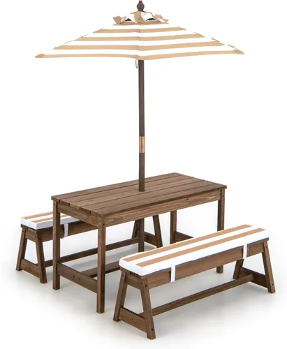 Miniatura 10 de KOTEK Mesa de picnic para niños con paraguas plegable, juego de mesa y banco de madera para patio trasero con cojines extraíbles, mesa de juego