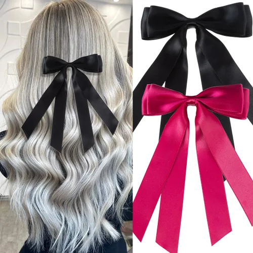 Miniatura 9 de Seneeel Lazos para el cabello, 2 piezas grandes de lazo doble para mujer, negro, blanco