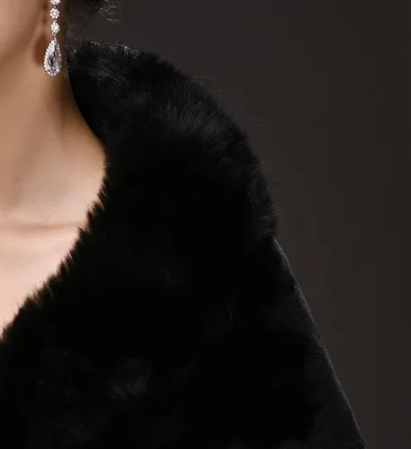 Miniatura 5 de CHITONE Abrigo de piel sintética negra para mujer, chal para boda, fiesta, espectáculo, Negro