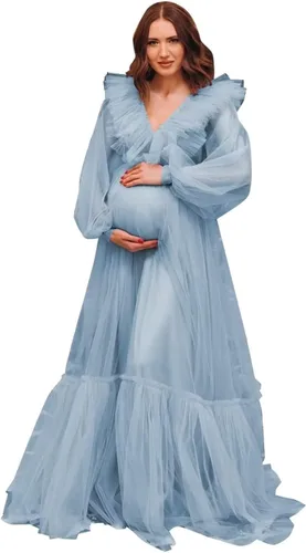 Vestido de maternidad con volantes de tul para sesión de fotos, manga larga, cuello en V, baby shower, lencería de embarazo