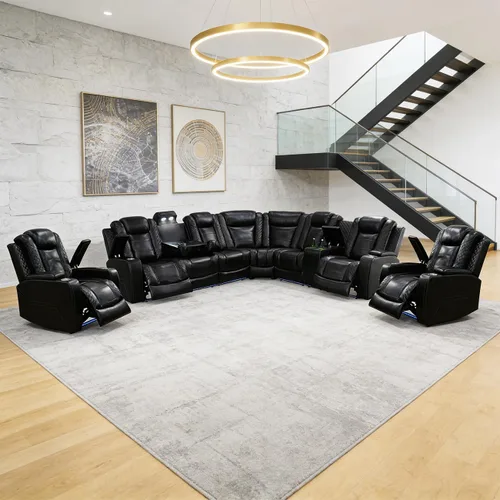 Miniatura 22 de Juego de sofá modular reclinable eléctrico para sala de estar, juego de sofá reclinable de cuero con luces LED / almacenamiento oculto, sofá