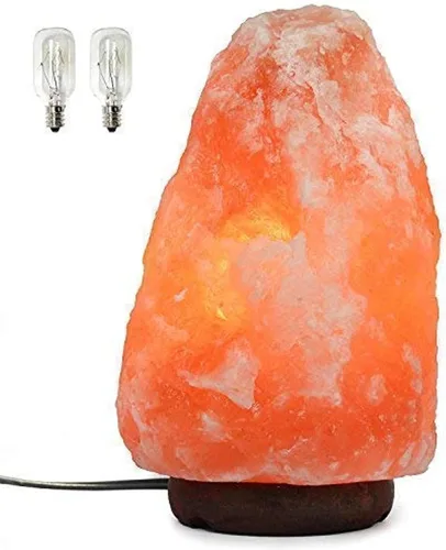 Lámpara de sal del Himalaya de 7 pulgadas con cable de atenuación - Luz nocturna de cristal natural, base de madera clásica auténtica de Pakistán