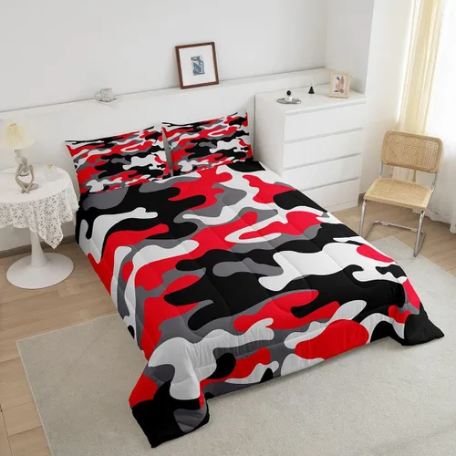 Miniatura 3 de Erosebridal Juego de ropa de cama de camuflaje, juego de edredón de camuflaje rojo y negro para niños y niñas, juego de edredón de estilo militar