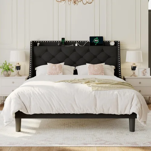 Miniatura 9 de Einhomn Base de cama de tamaño matrimonial con cabecera de almacenamiento copetuda con botones en la parte trasera y puertos tipo CA, plataforma