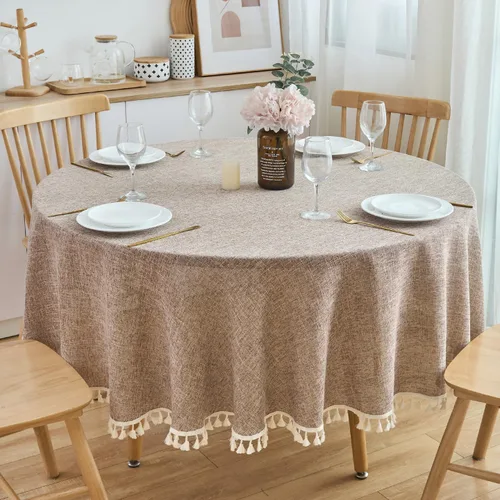 Miniatura 9 de Mantel redondo de algodón con aspecto de lino de 48 pulgadas/48.0 in resistente al agua, borde de borla, cubierta suave de color sólido para cocina