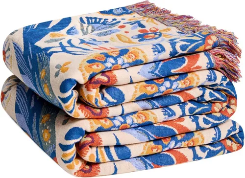 Miniatura 18 de Cobija para cama de estilo bohemio, 100 % algodón, ultra suave, edredón rústico, cobija de otoño, estampado floral, cobija grande rústica para sofá