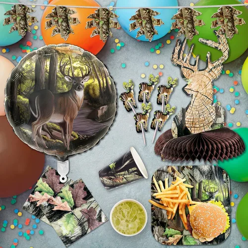Miniatura 3 de Havercamp Paquete de fiesta de lujo Hunting Camo Buck para 16 invitados. El kit tiene 16 platos llanos cuadrados de 9 pulgadas, servilletas y tazas