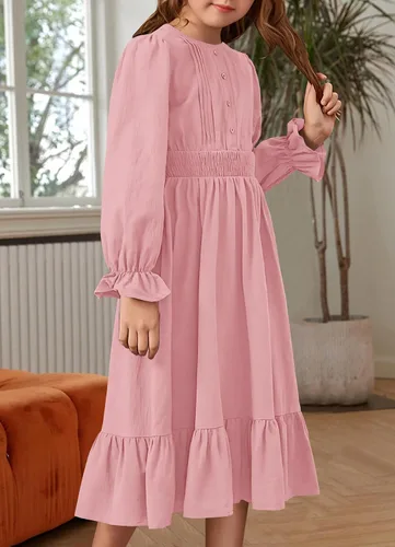 Miniatura 3 de HOSIKA Vestido casual de otoño de manga larga con cuello redondo y volantes escalonados y bolsillos para niñas de 6 a 12 años