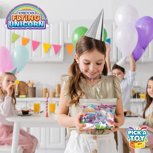 Miniatura 7 de PICK A TOY Juguetes de unicornio para regalo para niñas y niños, 24 piezas de goma de dedos centelleantes elásticas para niños, bolsa de regalo