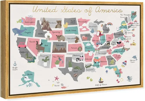 Miniatura 2 de The Oliver Gal Artist Co. Mapas y banderas - Lienzo enmarcado para pared, diseño de mapa pastel divertido, mapas de países americanos, 15 x 10