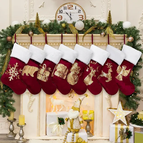 Miniatura 18 de GEX Medias de Navidad Paquete de 6 para Familia 20" Grandes Lentejuelas Doradas de Seda con Suave Piel Sintética Bordada Decoraciones Clásicas