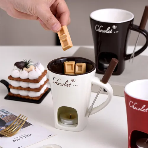 Miniatura 3 de Taza de fondue de chocolate, taza de cerámica para fondue, taza calentadora de café con tenedor de acero inoxidable para queso, mantequilla (blanco)